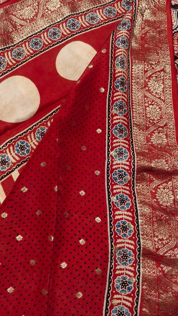 Red - Ajrakh Handblock Dola Silk Saree - Vasaka Jaipur