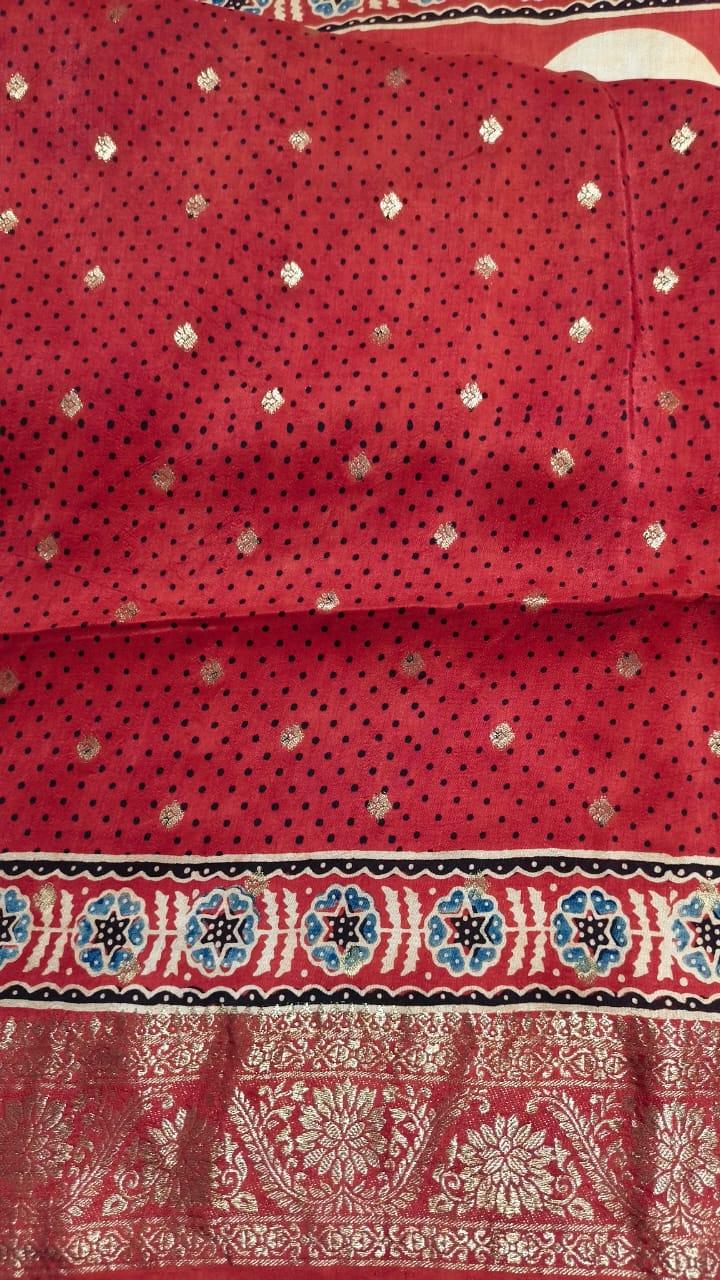 Red - Ajrakh Handblock Dola Silk Saree - Vasaka Jaipur