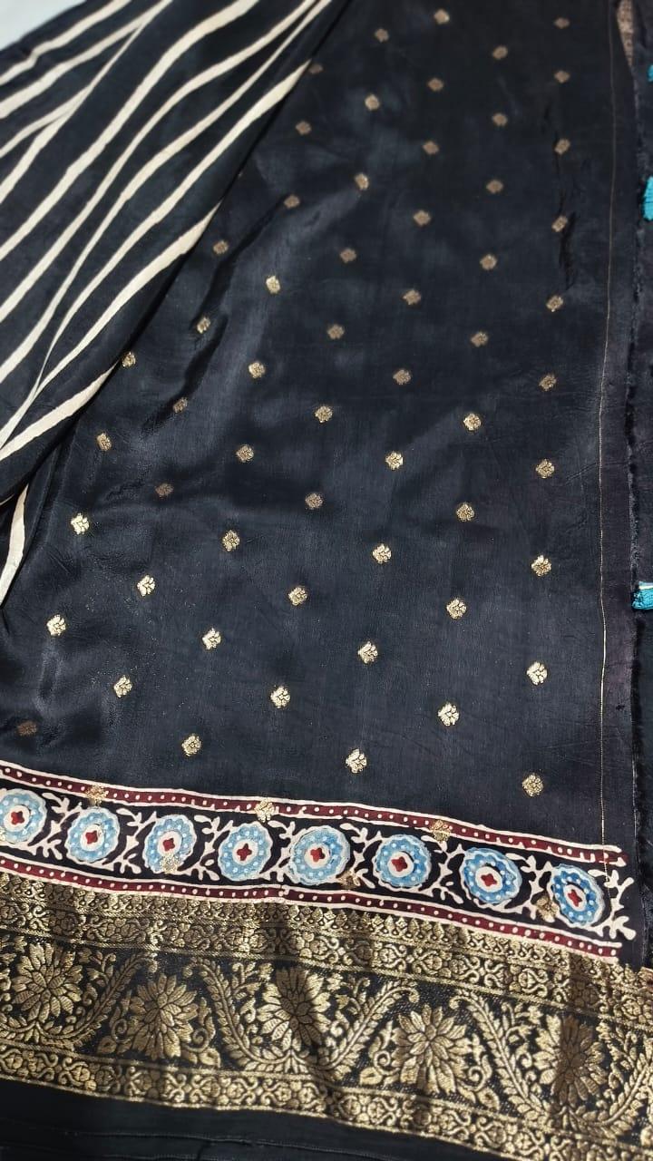 Black - Ajrakh Handblock Dola Silk Saree - Vasaka Jaipur