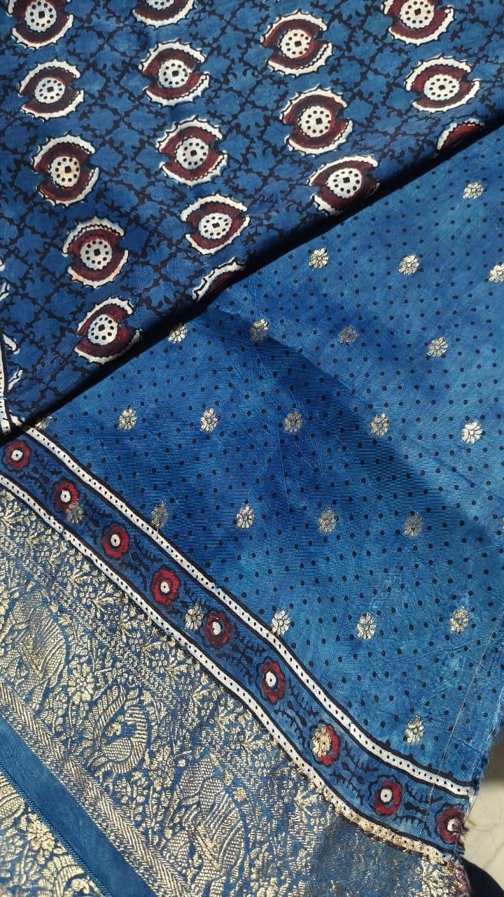 Indigo- Handblock printed ajrakh premium dola silk saree with meenakari pallu - Vasaka Jaipur