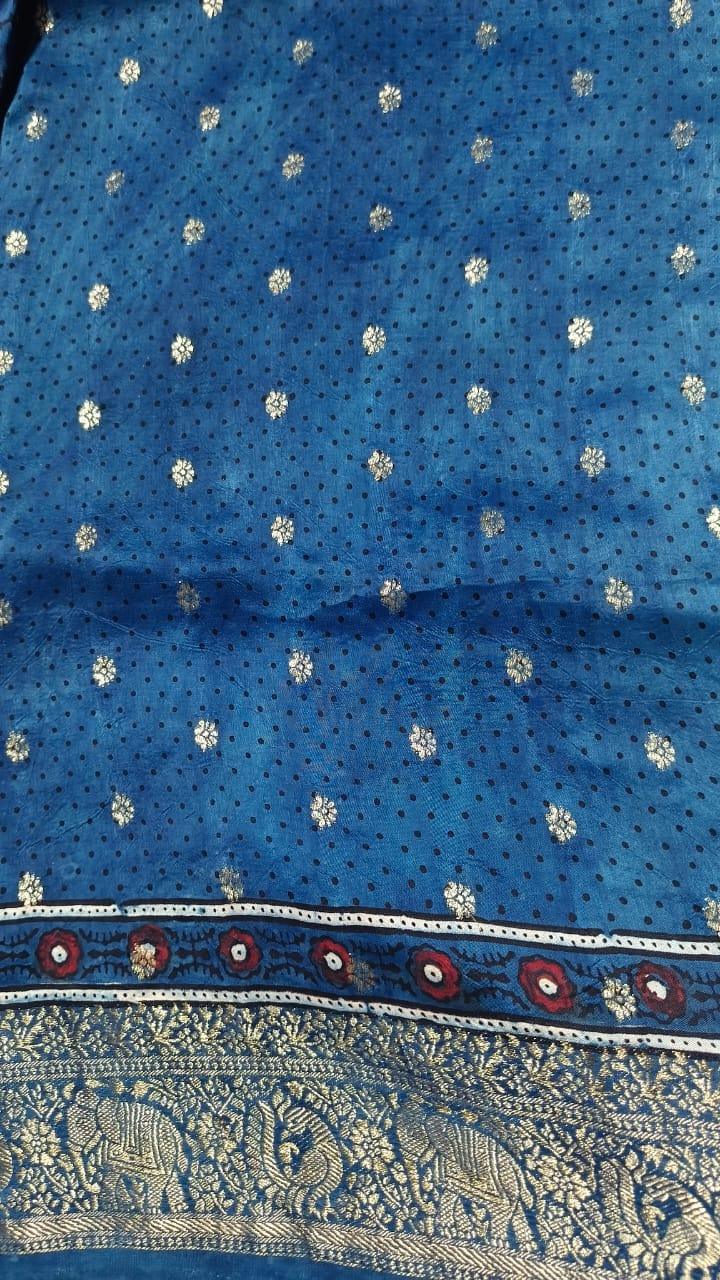 Indigo- Handblock printed ajrakh premium dola silk saree with meenakari pallu - Vasaka Jaipur