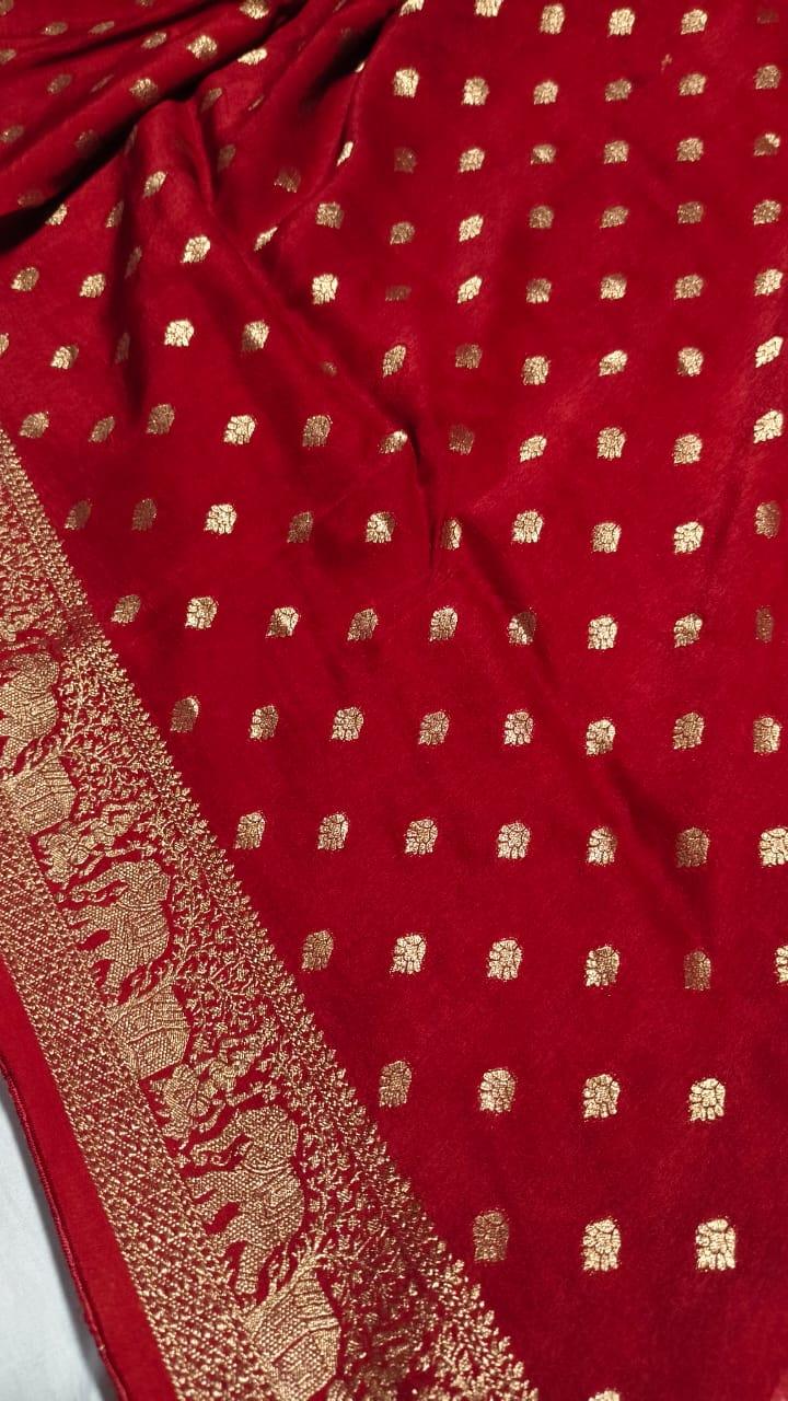 Red - Ajrakh Handblock Dola Silk Saree - Vasaka Jaipur