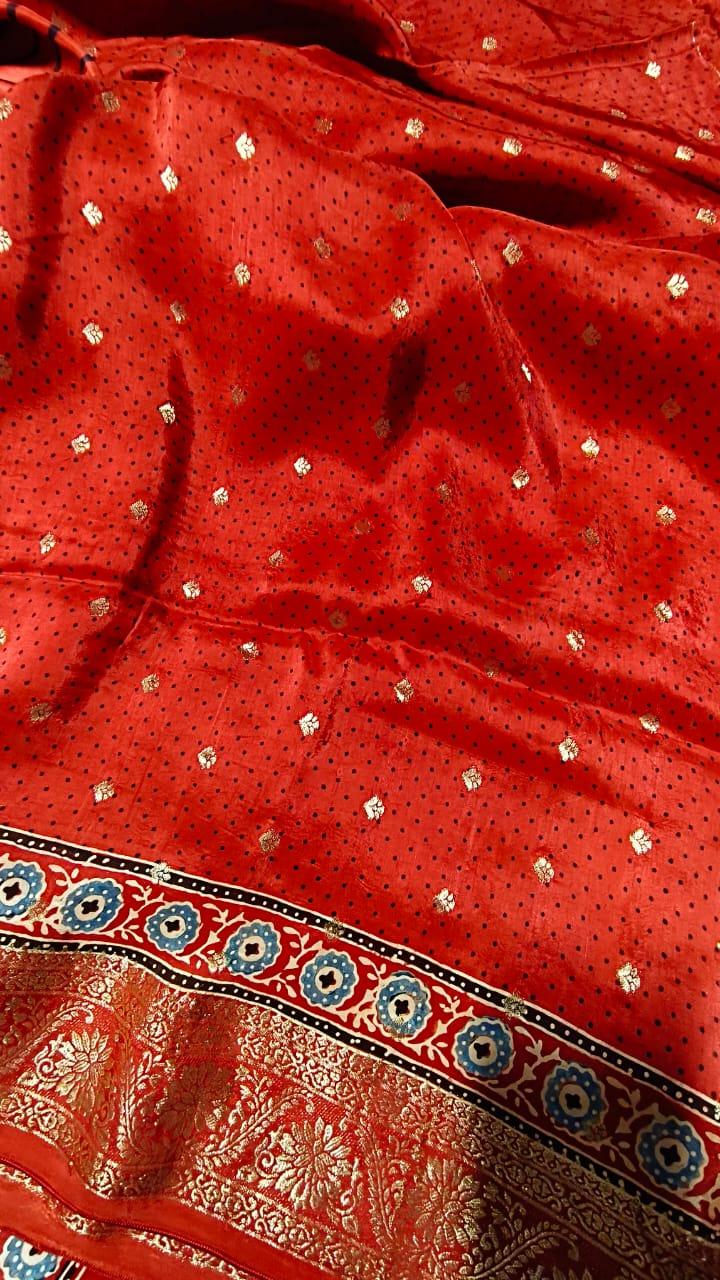 Red - Ajrakh Handblock Dola Silk Saree - Vasaka Jaipur