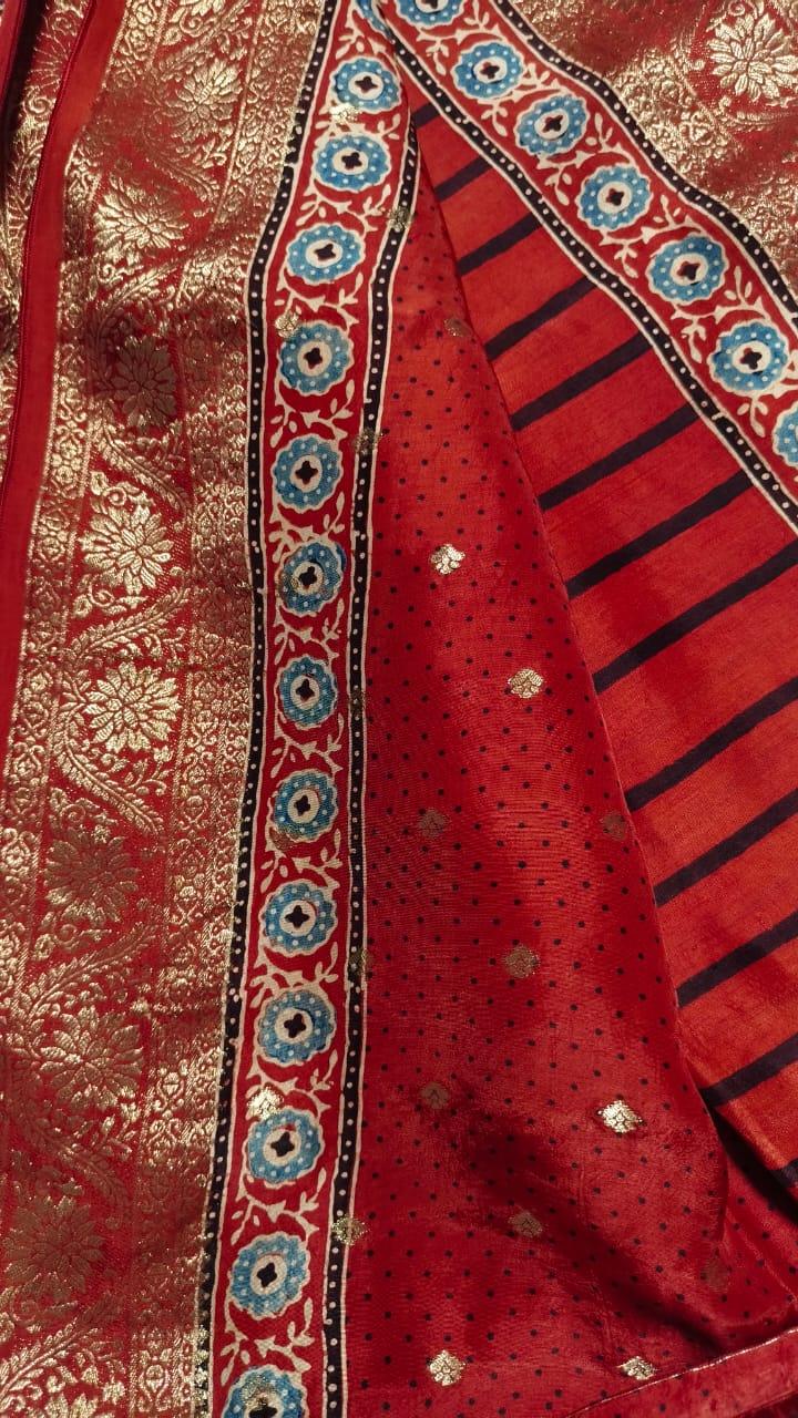 Red - Ajrakh Handblock Dola Silk Saree - Vasaka Jaipur