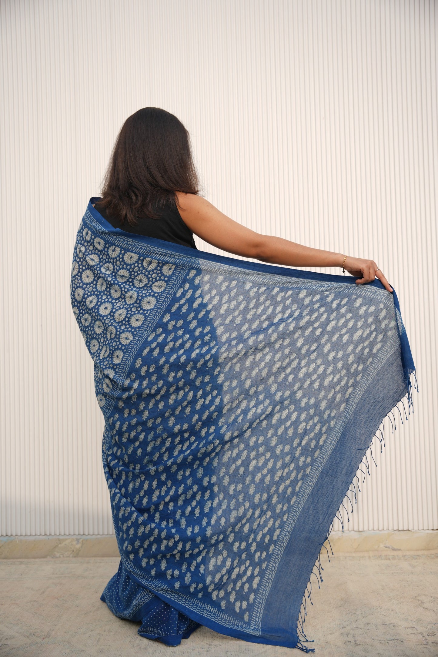 Vasaka Jaipur Hand Block Printed Indigo Mulmul Cotton Saree