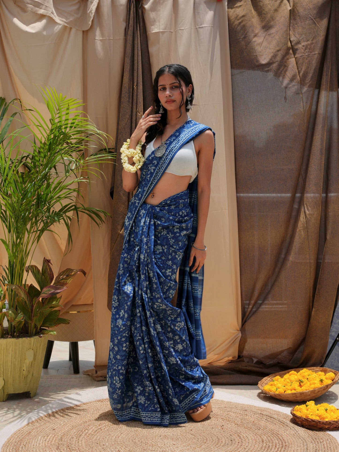 Nirvi lightweight daily wear indigo blue hand block printed cotton office wear saree, Vasaka Jaipur