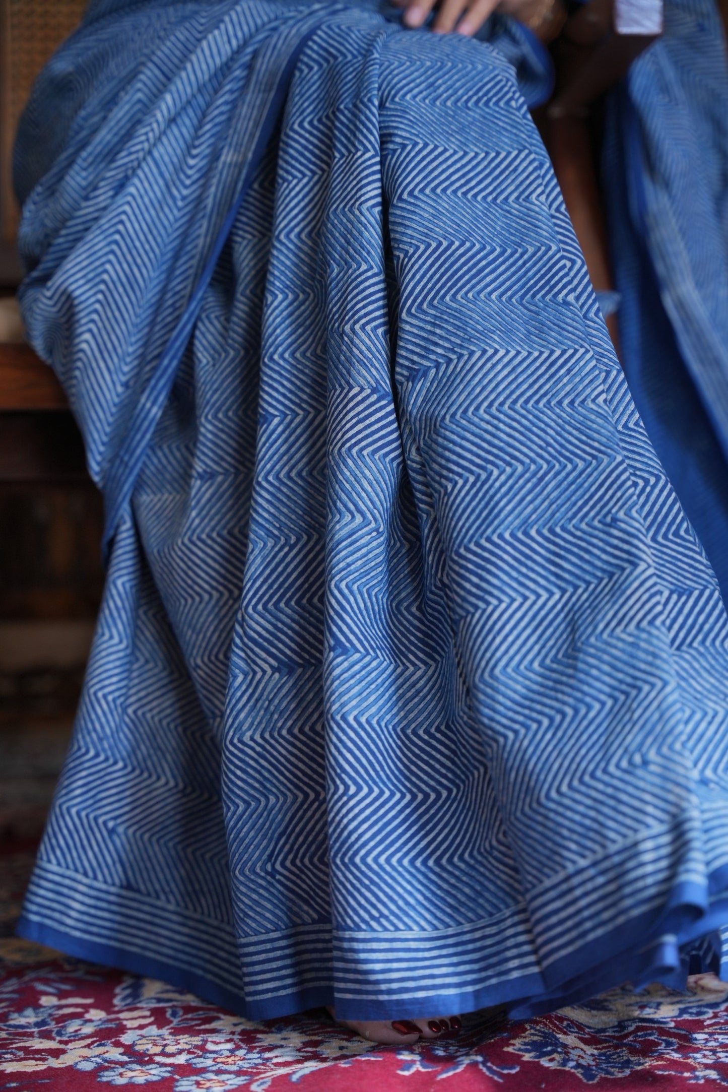 Nupur traditional geometric pattern hand block printed natural indigo blue cotton saree from Vasaka Jaipur