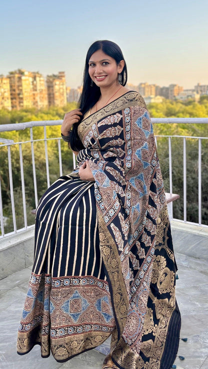 Black - Ajrakh Handblock Dola Silk Saree