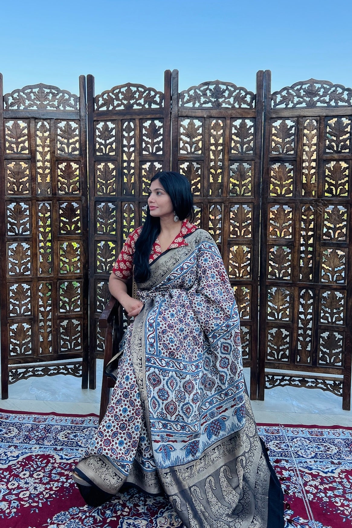 Off White - Designer Ajrakh Handblock Premium Dola Silk Saree