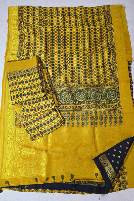 Yellow Bubble - Ajrakh Handblock Dola Silk Saree