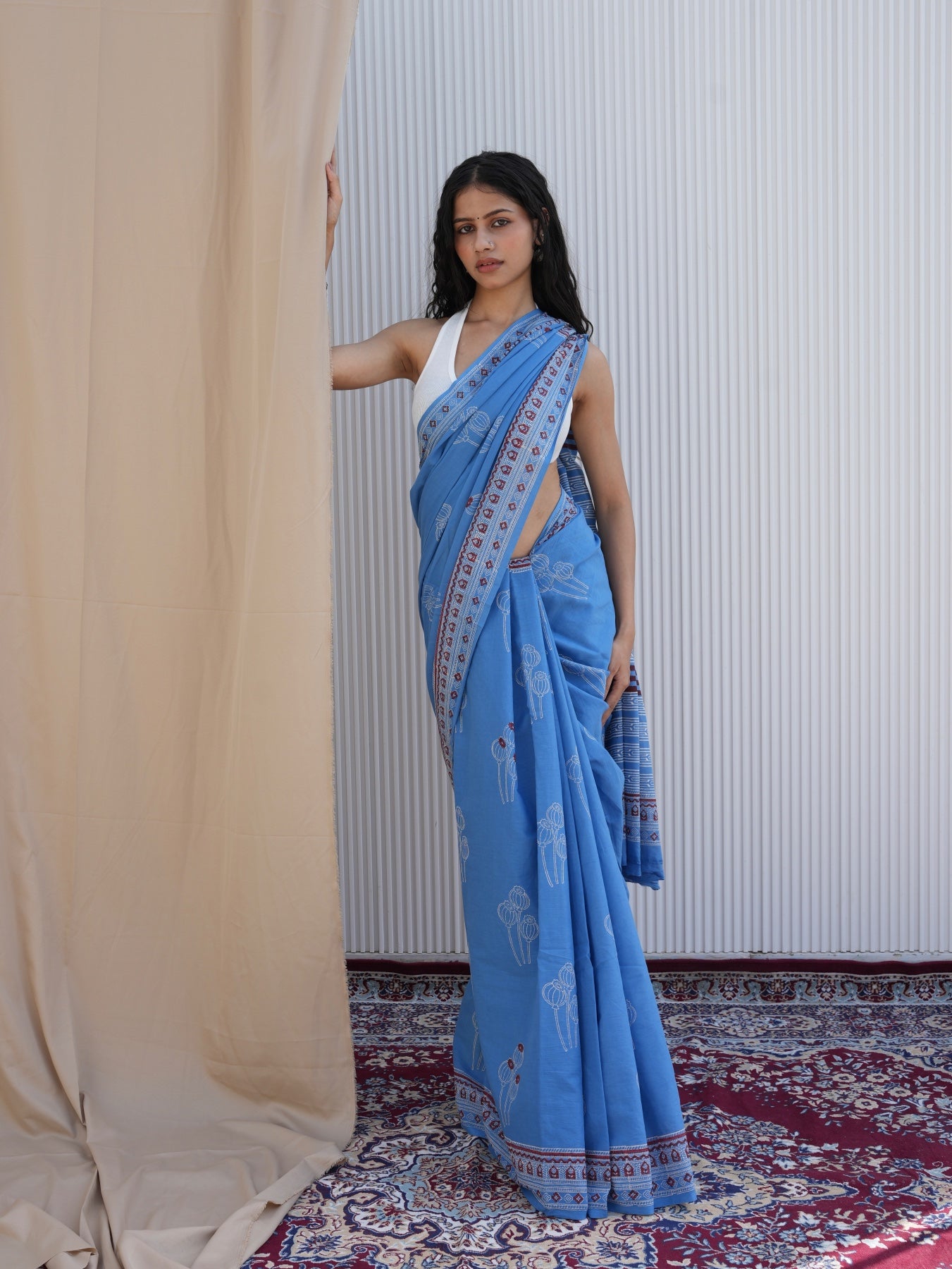 NAVELI_ Blue Hand Block Printed Cotton Saree - Discharge Print