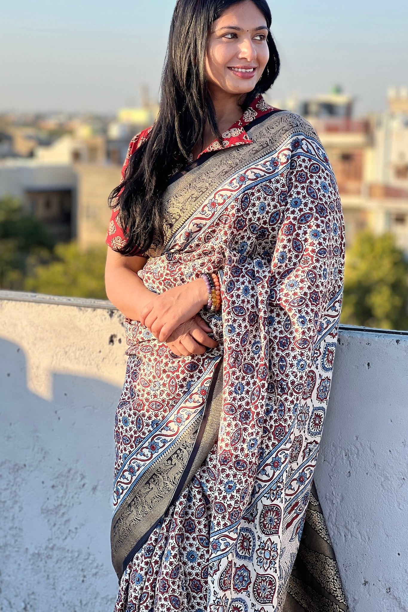 Off White - Designer Ajrakh Handblock Premium Dola Silk Saree