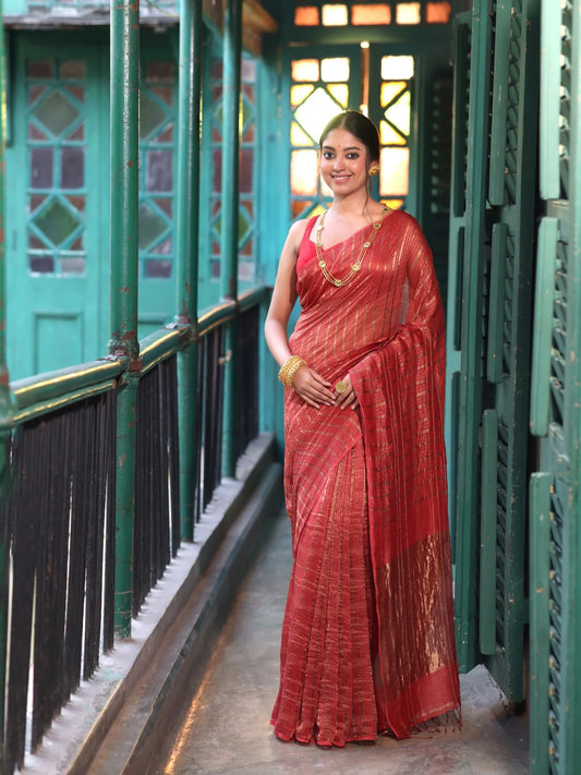 Ragini Handwoven Linen Zari Saree Ruby Embrace