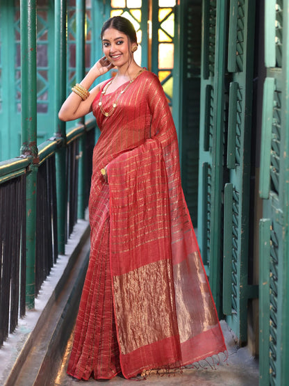 Ragini Handwoven Linen Zari Saree Ruby Embrace