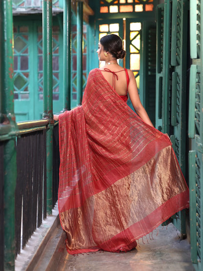Ragini Handwoven Linen Zari Saree Ruby Embrace