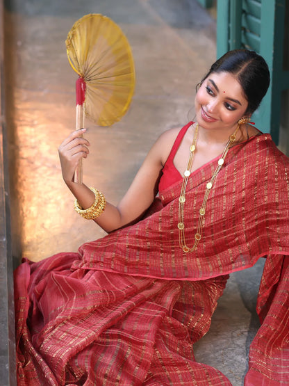 Ragini Handwoven Linen Zari Saree Ruby Embrace