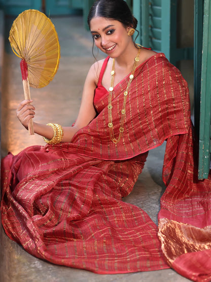 Ragini Handwoven Linen Zari Saree Ruby Embrace