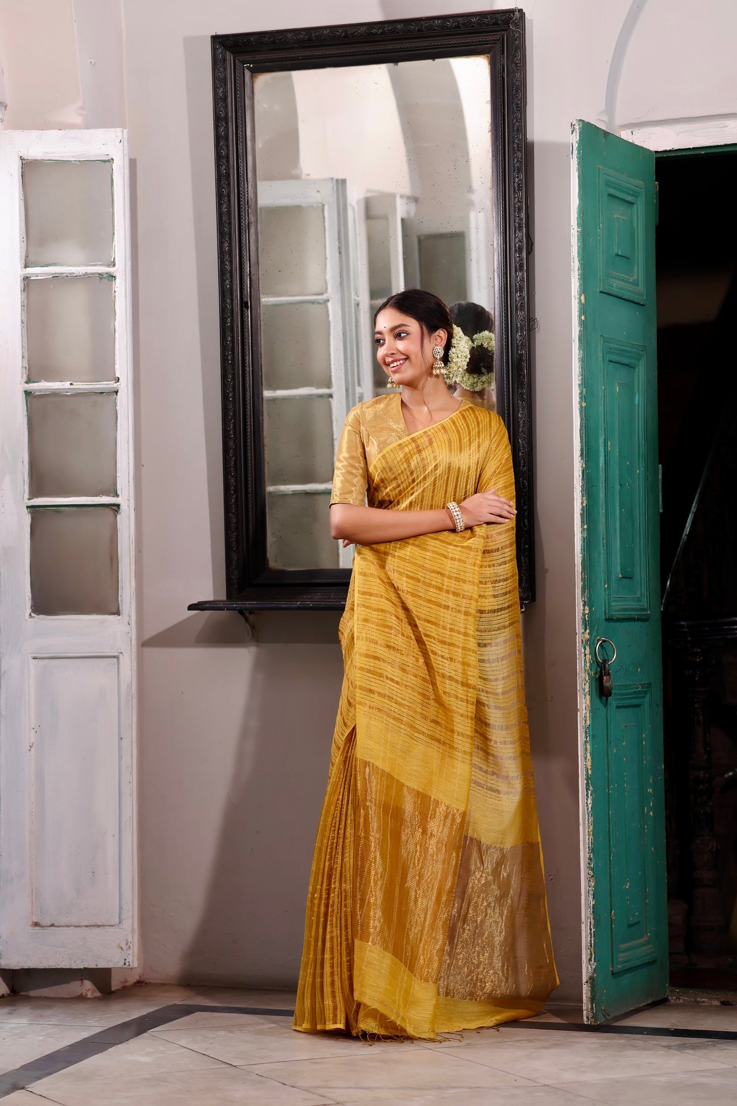 Surojita Handwoven Linen Zari Saree Amber Grace