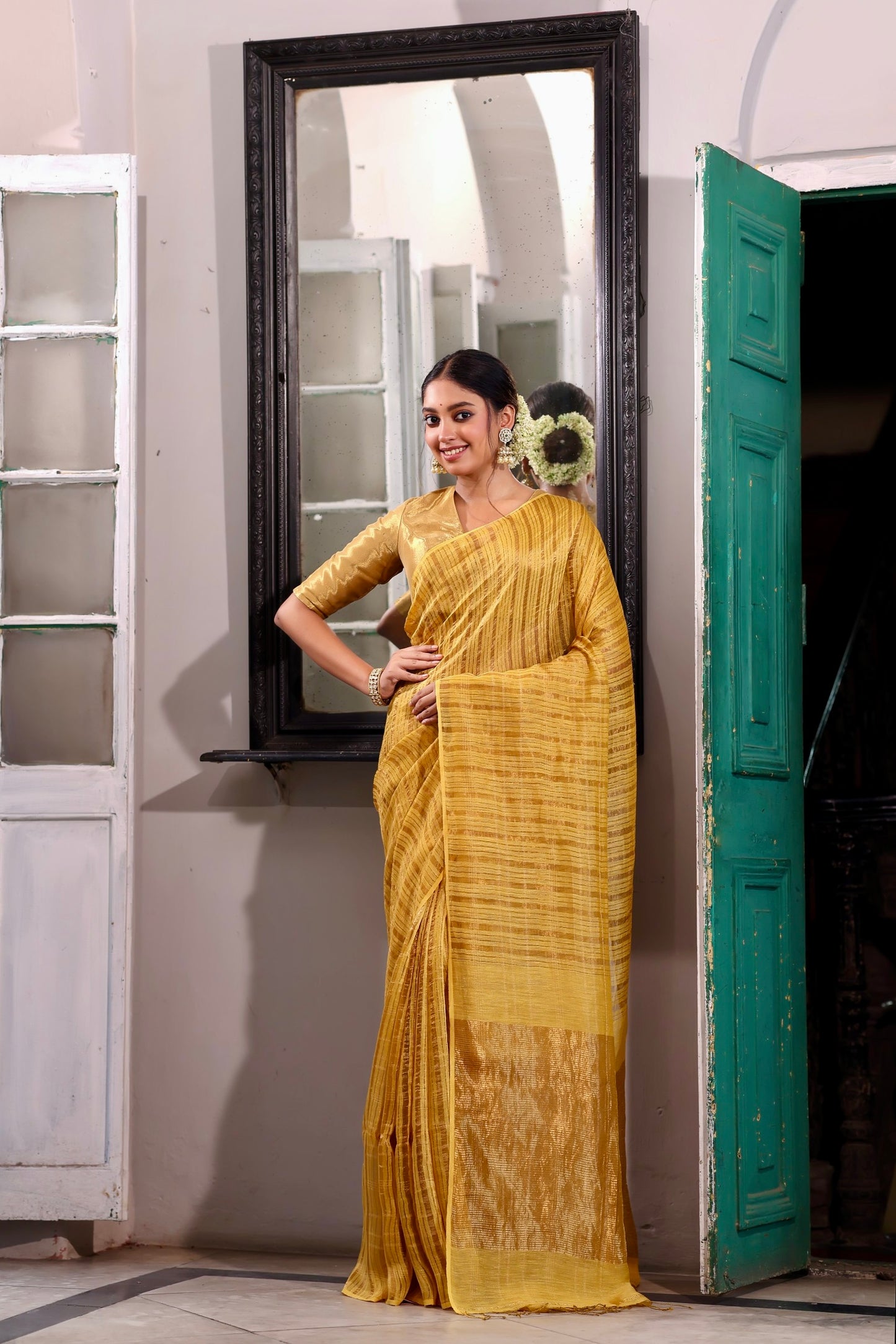 Surojita Handwoven Linen Zari Saree Amber Grace