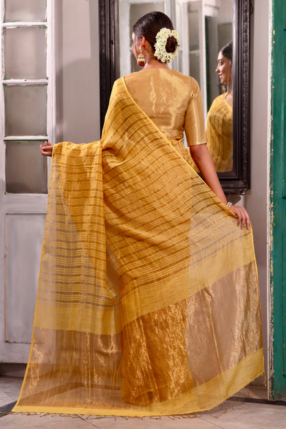 Surojita Handwoven Linen Zari Saree Amber Grace