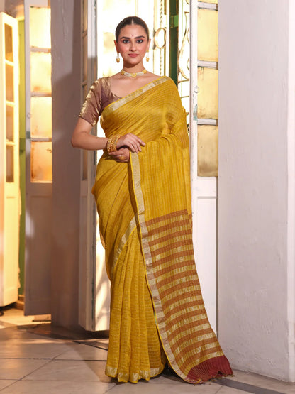 Saraswita Handwoven Linen Zari Saree Golden Sunrise