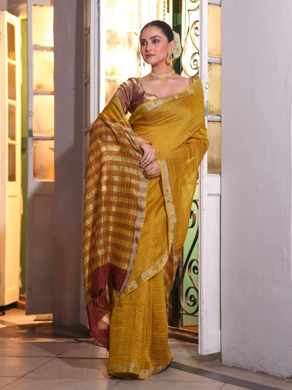 Saraswita Handwoven Linen Zari Saree Golden Sunrise