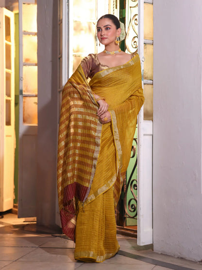 Saraswita Handwoven Linen Zari Saree Golden Sunrise
