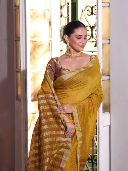 Saraswita Handwoven Linen Zari Saree Golden Sunrise