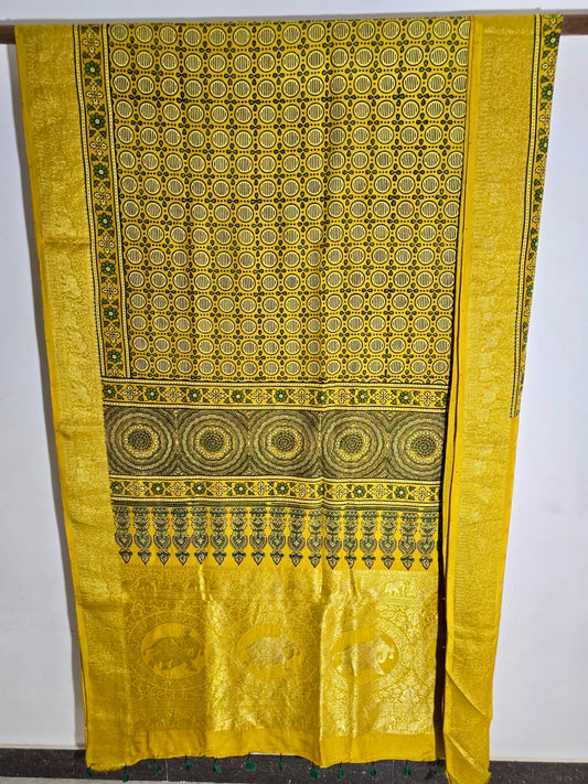 Yellow Bubble - Ajrakh Handblock Dola Silk Saree