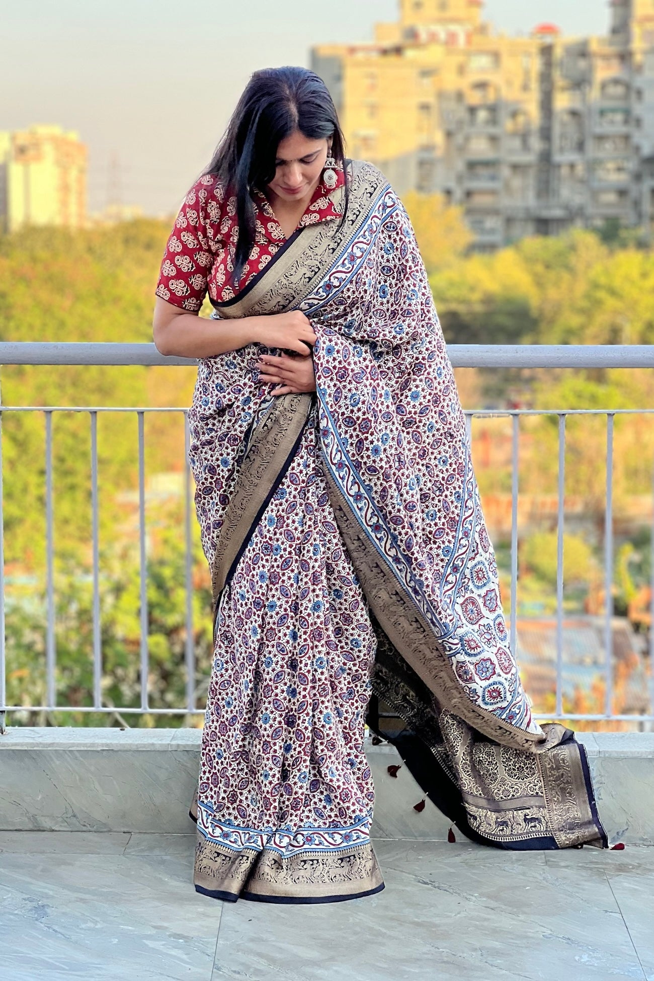 Off White - Designer Ajrakh Handblock Premium Dola Silk Saree