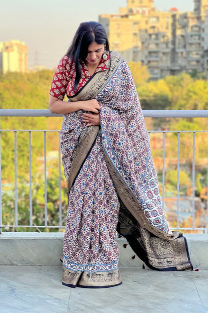 Off White - Designer Ajrakh Handblock Premium Dola Silk Saree