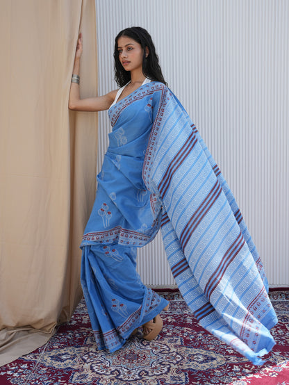 NAVELI_ Blue Hand Block Printed Cotton Saree - Discharge Print