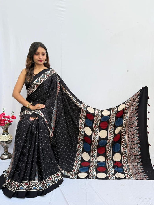 Black Dot - Handblock printed ajrakh premium modal silk saree