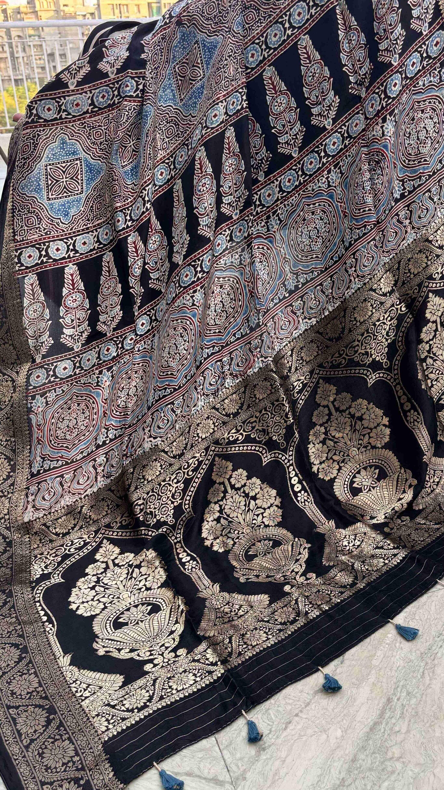 Black - Ajrakh Handblock Dola Silk Saree