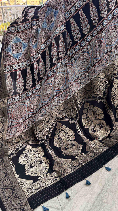 Black - Ajrakh Handblock Dola Silk Saree