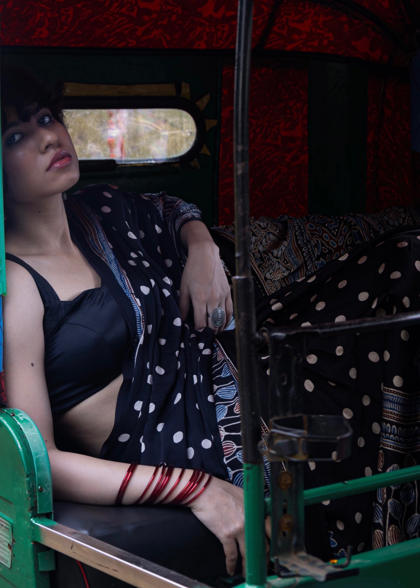 Black Dot - Handblock printed ajrakh premium modal silk saree