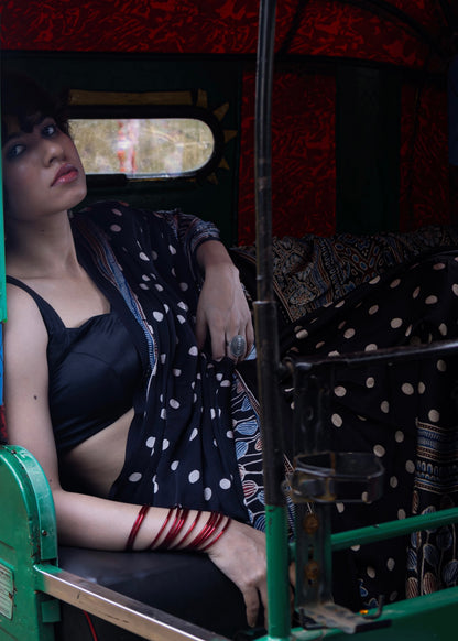Black Dot - Handblock printed ajrakh premium modal silk saree
