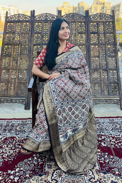 Off White - Designer Ajrakh Handblock Premium Dola Silk Saree