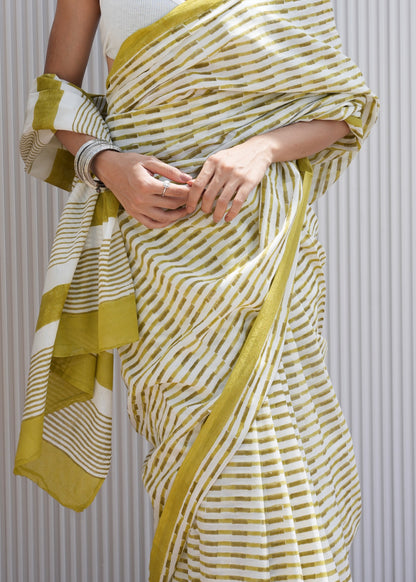 GAURI_Heritage Hand Block Printed Pure Cotton Striped Saree