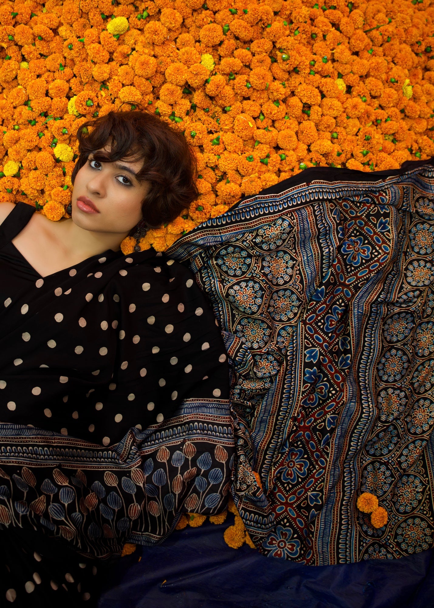 Black Dot - Handblock printed ajrakh premium modal silk saree