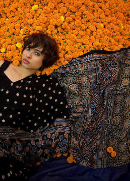 Black Dot - Handblock printed ajrakh premium modal silk saree