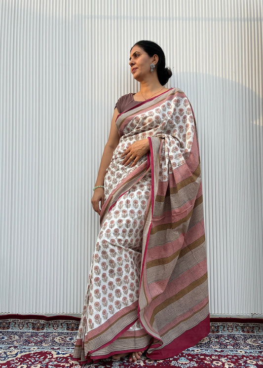 SAANJH_Heritage Sanganeri Hand Block Printed Pure Cotton Saree