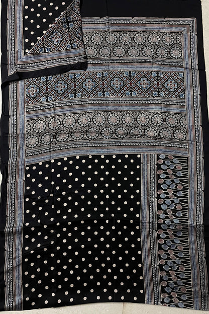 Black Dot - Handblock printed ajrakh premium modal silk saree
