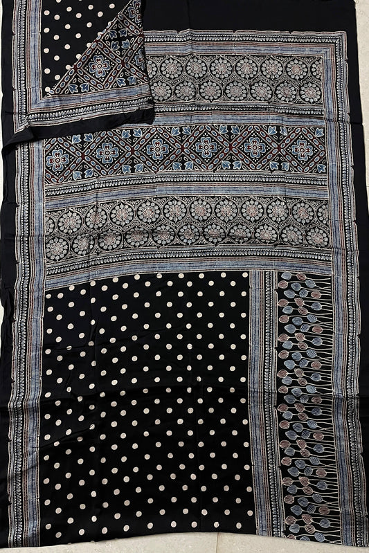 Black Dot - Handblock printed ajrakh premium modal silk saree