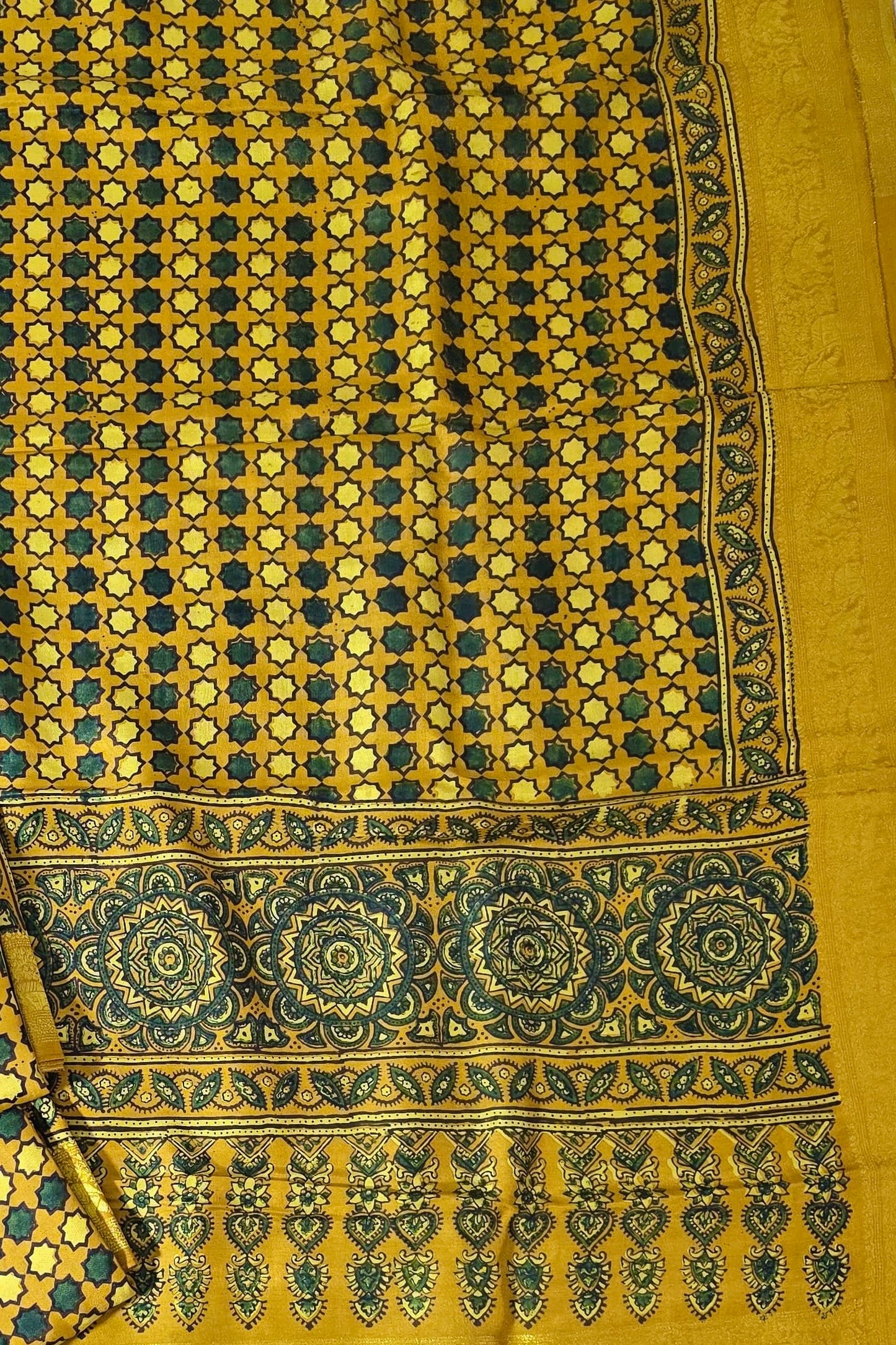 Yellow Bubble - Ajrakh Handblock Dola Silk Saree