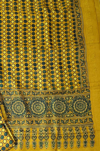Yellow Bubble - Ajrakh Handblock Dola Silk Saree