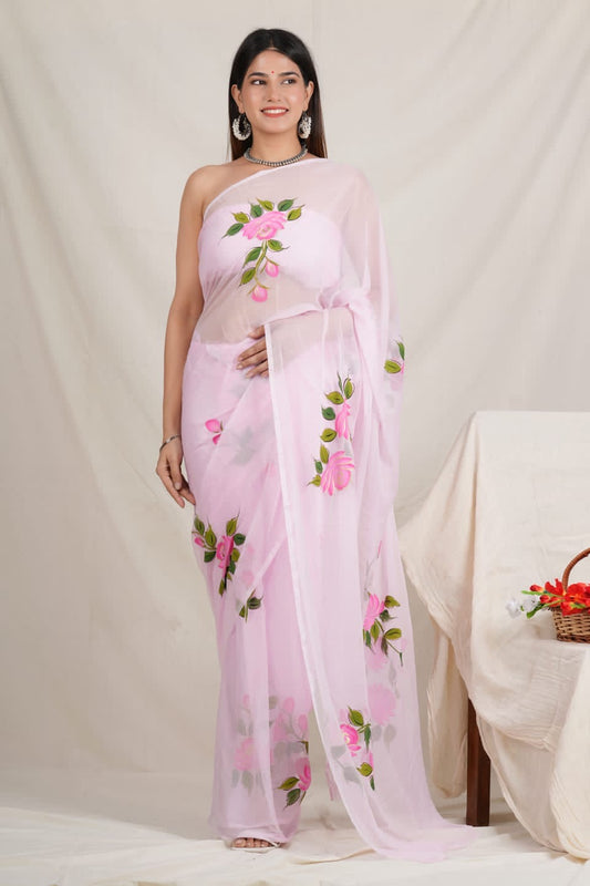 Baby Pink - Handpainted Chiffon Saree