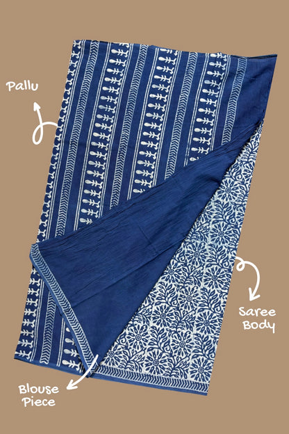 AKOLA INDIGO_ Dabu Hand Block Mulmul Cotton Saree
