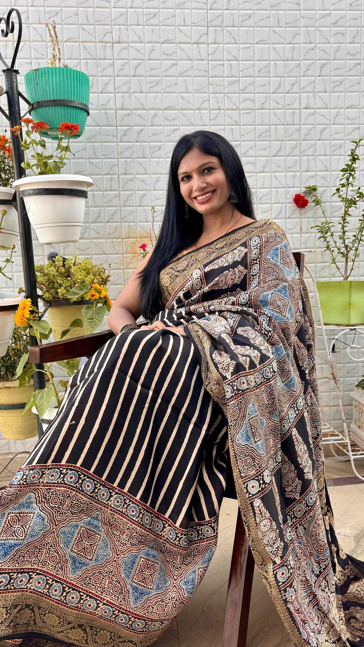 Black - Ajrakh Handblock Dola Silk Saree