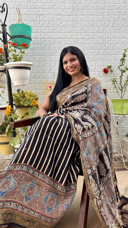 Black - Ajrakh Handblock Dola Silk Saree